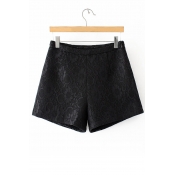 Plain Zip Side Mid Waist Lace Loose Shorts