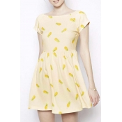 Yellow Cute Pineapple Boat Neck Short Sleeve Dress