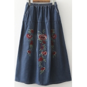 Denim Floral Embroidered Midi Skirt