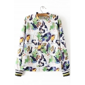 Cartoon Print Whorl Patterned Zip Back Stand Up Neck Blouse
