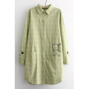 Lapel Button Down Cute Cat Embroidery Loose Blouse