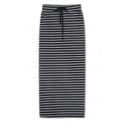 High Waist Elastic Waist Striped Maxi Pencil Skirt