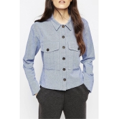 Plain Lapel Button Through Long Sleeves Pockets Short Shirts&Tops
