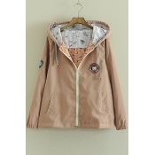 Cute Candy Color Cartoon Embroidery Long Sleeves Hooded Tin Coat Outwear