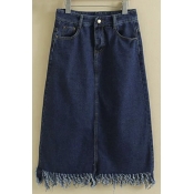 New High Waist Two Pockets Front A-Line Plain Midi Fray Hem Icon Denim Skirts