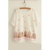 Cute Colorful Print Round Neck Short Sleeves Loose Tee