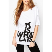 White Letter Print Half Sleeves Loose-Fit T-Shirt