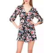 V-Neck 3/4 Sleeve Floral Print Spring Fashion Loose Rompers With Bow Ribbon Embellish
