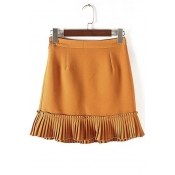 Plain High Waist Zipper Side Ruffle Hem&Frill Hem Slim Fit Mini Skirts