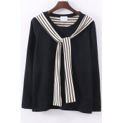 Striped Embellish Long Sleeves Round Neck Plain Tees&Tops