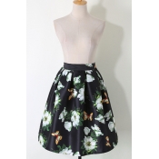 Fashion High Waist Floral Print A-Line Midi Full Skirt