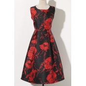 Round Neck Poppy Print Sleeveless Midi Dress