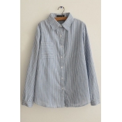 Striped Lapel Long Sleeves Button Down Loose Shirts &Blouse