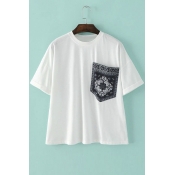 Jewel Neck Print Pocket Embellish Short Sleeves Loose Crop T-Shirts