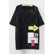 Personality Young Style Round Neck Half Sleeves Letter Print Loose Longline Tee
