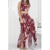 High Low Two Pieces Floral Print Maxi Dresses