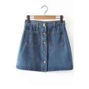 High Waist Button Fly Pockets Embellish A-Line Mini Denim Skirts