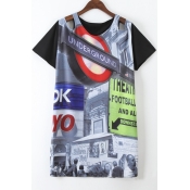 Cut Out Shoulder Round Neck Short Sleeves Street Style Print Long Tee