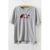 Round Neck Short Sleeve Famous Cartoon Character Embroidery Casual T-Shirt