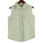 Plain Lapel Linen Double-Pockets Sleeveless Shirt