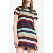 Simple Style Fashion Lapel Striped Color Block Short Sleeve Casual Midi Dress