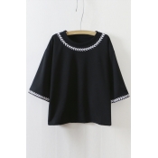 Black Round Neck Half Bell Sleeve Loose Tee&Tops With Delicate Trim Embellish