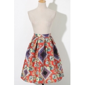 Fashion High Waist Floral&Geometric Print A-Linez Zipper Back Midi Full Skirt
