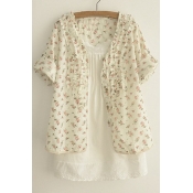 Sweety Ruffle Front Roll Sleeve Floral Print Open Front Blouse