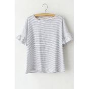 Scoop Neck Half Sleeve With Ruffle Trim Embellish Striped Loose T-Shirt