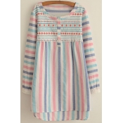 Striped Round Neck Long Sleeves Colorful High Low Linen Shirt&Blouse