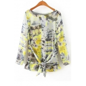 Spring Fashion Boat Neck Long Sleeve Tie Dye Floral Print Smock Blouse&Loose Top