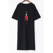 Fashion Round Neck Short Sleeves Cartoon Print Split Side Maxi Dress