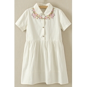 Cute Flower Embroidery Short Sleeve Lapel Button Through Midi Smock Dress