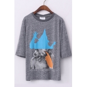Gray Round 1/2 Sleeves Loose Abstract Character Print Tee