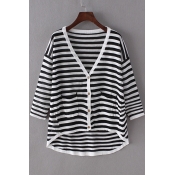Simple Fashion V-Neck 3/4 Sleeve Striped Button Down Pockets Knit Sweater&Knit Cardigan