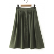 Plain High Waist Button Down Pleated Linen Midi Skirt