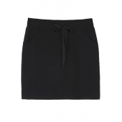 Elastic Waist Plain Cotton Mini Slim Fit Pockets Skirts