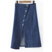 Plain High Waist Button Fly Split Front Elastic A-Line Maxi Denim Skirts