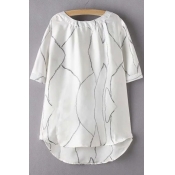 Round Neck Half Sleeves Abstract Print High Low Zipper Back Loose Tops