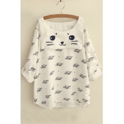 Cat & Fishes Print Cuffed Sleeves Loose Fit Blouse