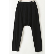 Black Plain Elastic Waist Personality Style Drop Crotch Back Detail with False Two-Piece Loose Pants