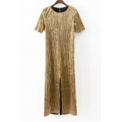 Luxurious Gold Lady Style Round Neck Short Sleeve Pleated Longline Split Hem Maxi Icon Dress