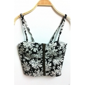 Spring Style Spaghetti Strap Zipper Front New Sexy Vintage Floral Pattern Print Bustier Cropped Tops Women's Camisole Corset Bra Tank Top