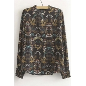 Stand Collar Floral Print Curved Hem Tie Back Blouse