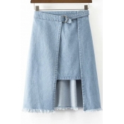 Special Elastic Waist Midi Asymmetrical Fray Hem Denim Skirts