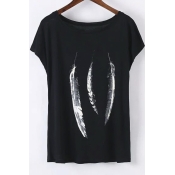 Black Boat Neck Short Sleeves Abstract Feather Print Loose Tee