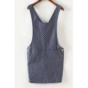 Polka Dot Casual Straps Tow Pockets Denim Overall Dress