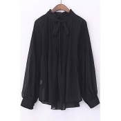 Stand Collar Bow Front Pleated Chiffon Sun Protection Blouse