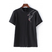 Cartoon Embroidery Stand Collar Zipper Back T-Shirt