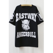 Punk Style Round Neck Half Sleeve Loose Longline Tee With Letter&Animal Print